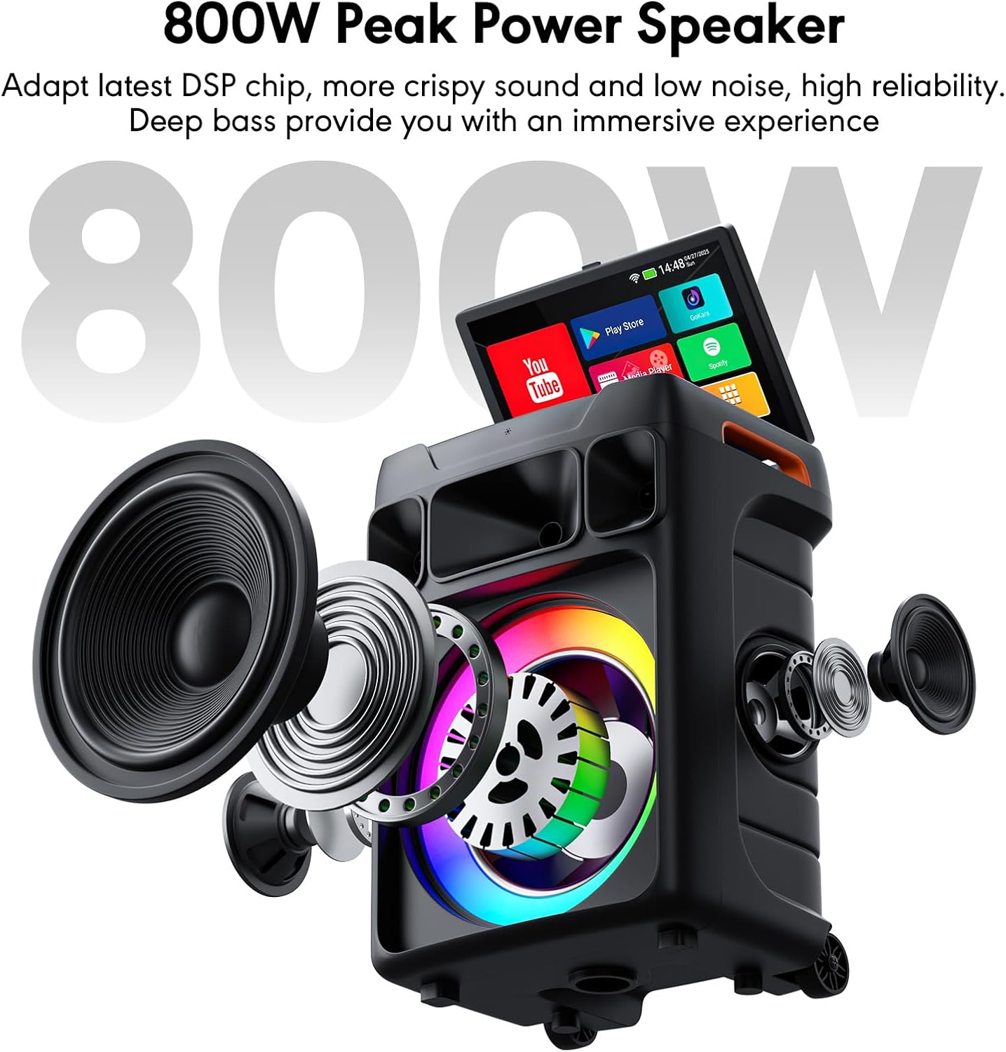 Smart Karaoke Machine with Screen & Lyrics Display, 14.1 Inch HD Screen, Dual Wireless Microphones, Up to 400W Power Speaker, Karaoke Machine for Adults or Music Lovers (Large)