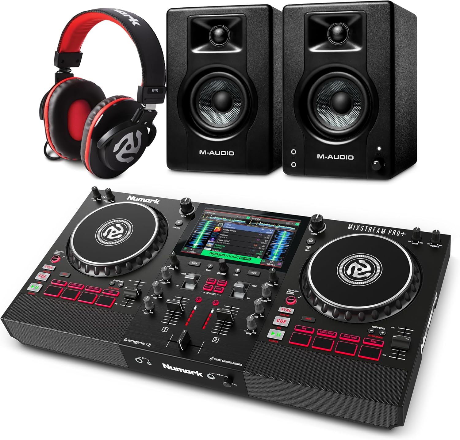 Numark Mixstream Pro+ DJ Controller and M-AUDIO BX3 Pair Studio Monitors with Headphones for Studio Recording, Music Production, Podcasting, Streaming