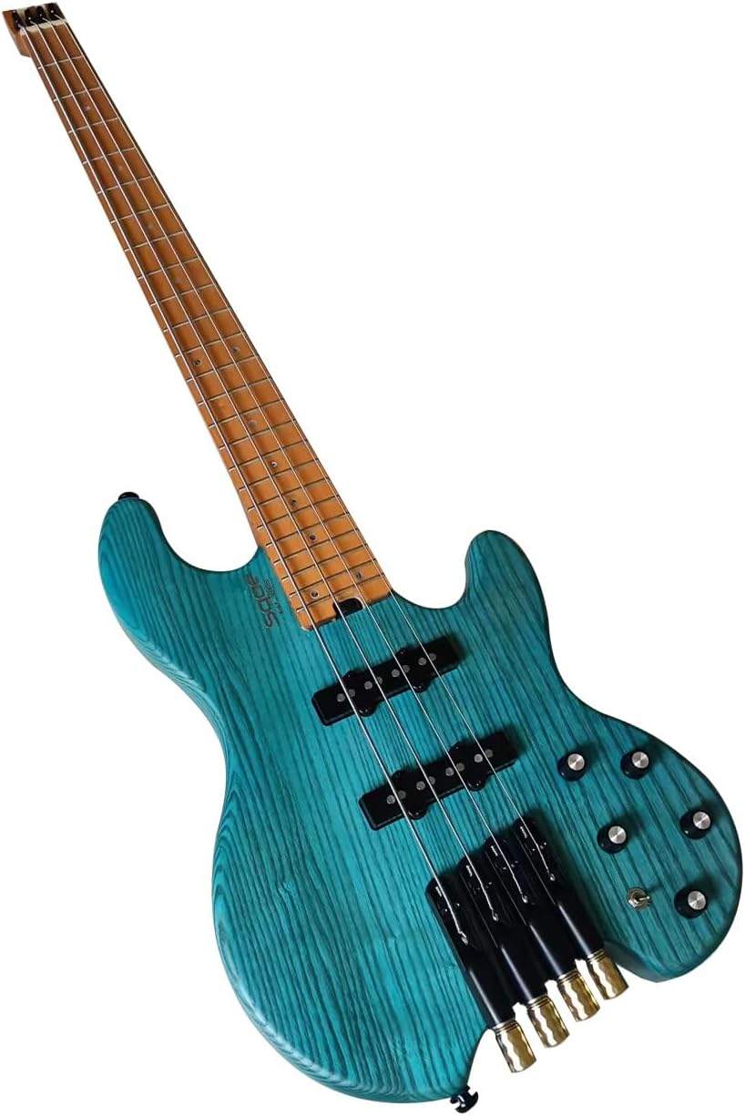 4 String Headless Bass Guitar with ASH Body and Roasted Maple Neck,Solid Body Electric Bass Guitar Active Pickup Rounded Frets for Rock, Blues, Heavy Metal and Jazz Music
