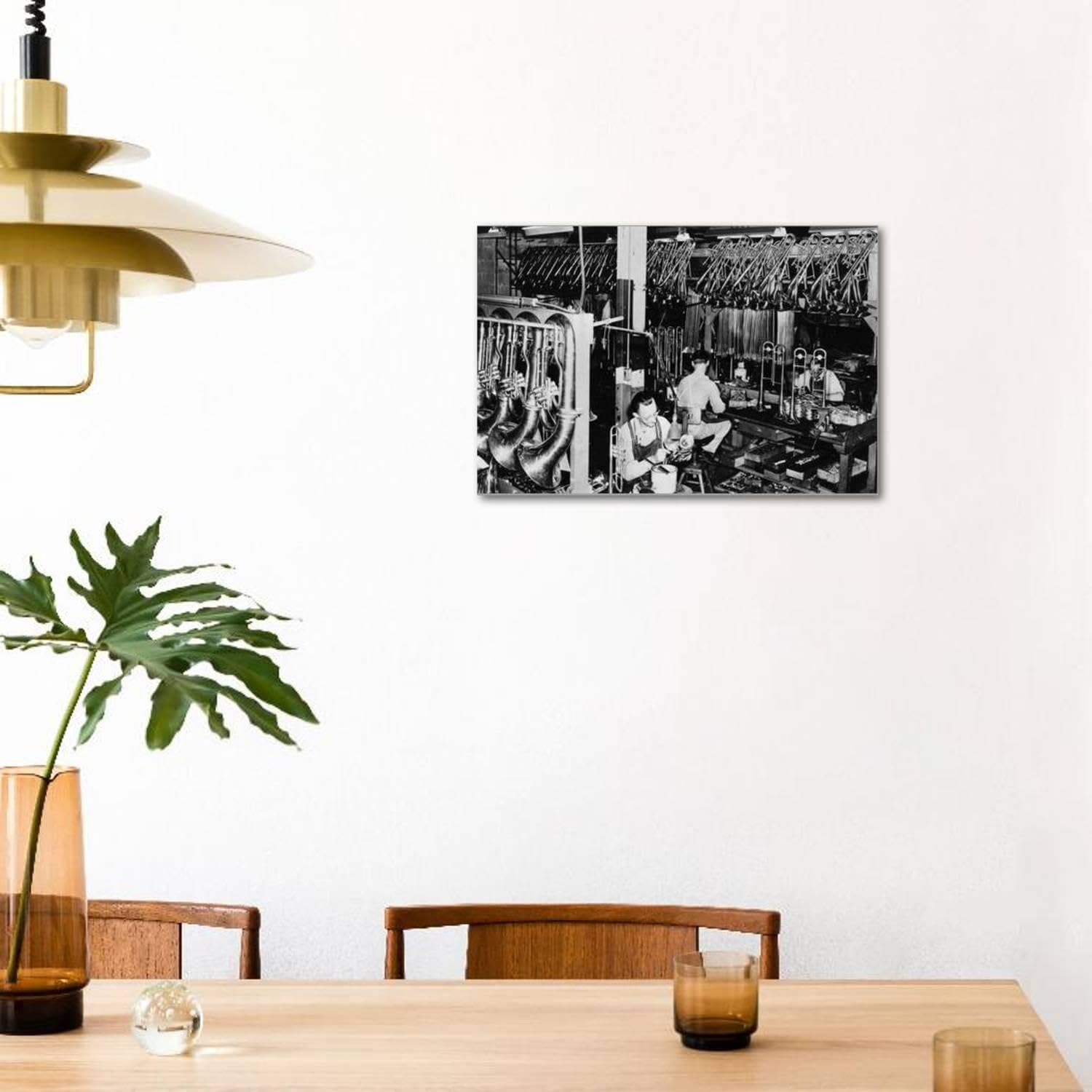 ART.COM Stretched Canvas Print Interior View of a Brass Instrument Factory, Tubas and Trombone by Lantern Press, 36