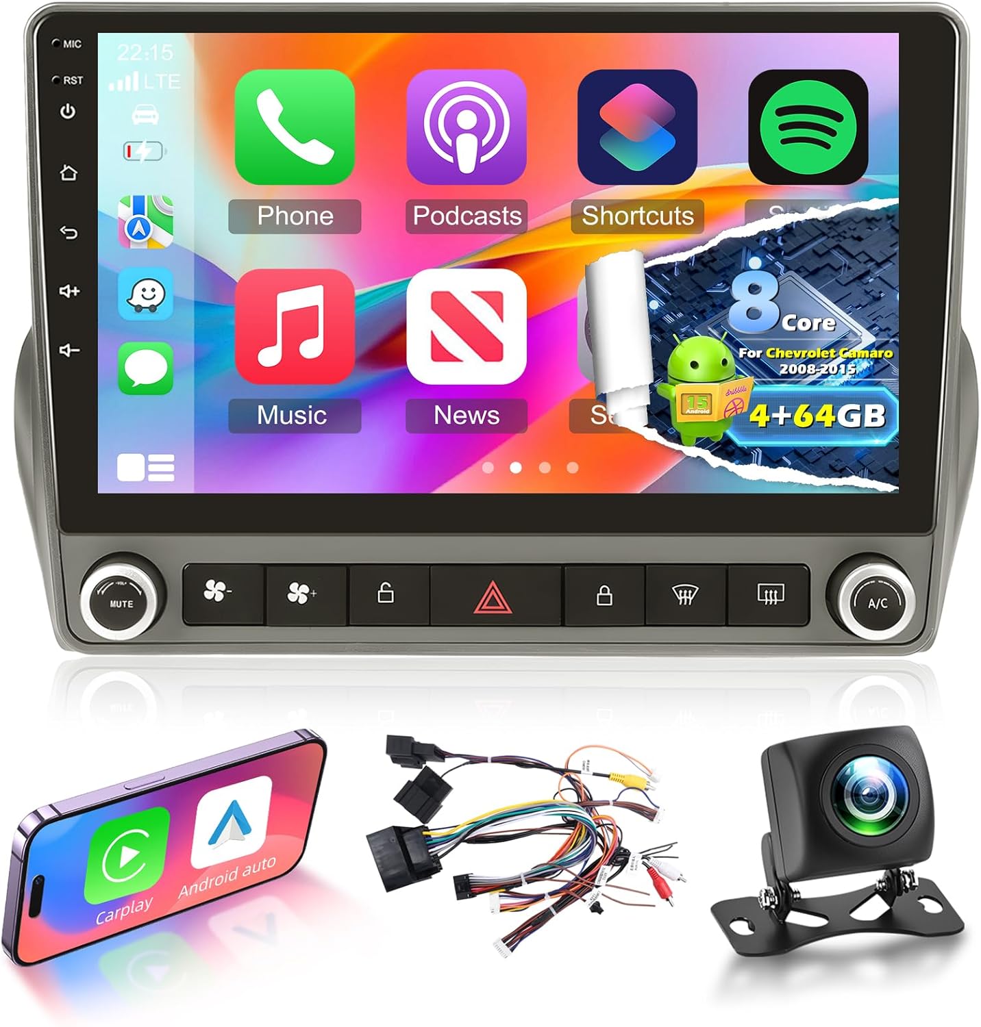 4G+64G 8 Core Car Stereo for Chevrolet Camaro 2008-2015 with Carplay & Android Auto - 9 Inch Android 15 Touchscreen Radio with DSP/Heat Dissipation Function/5G WiFi/GPS/SWC + AHD Backup Camera