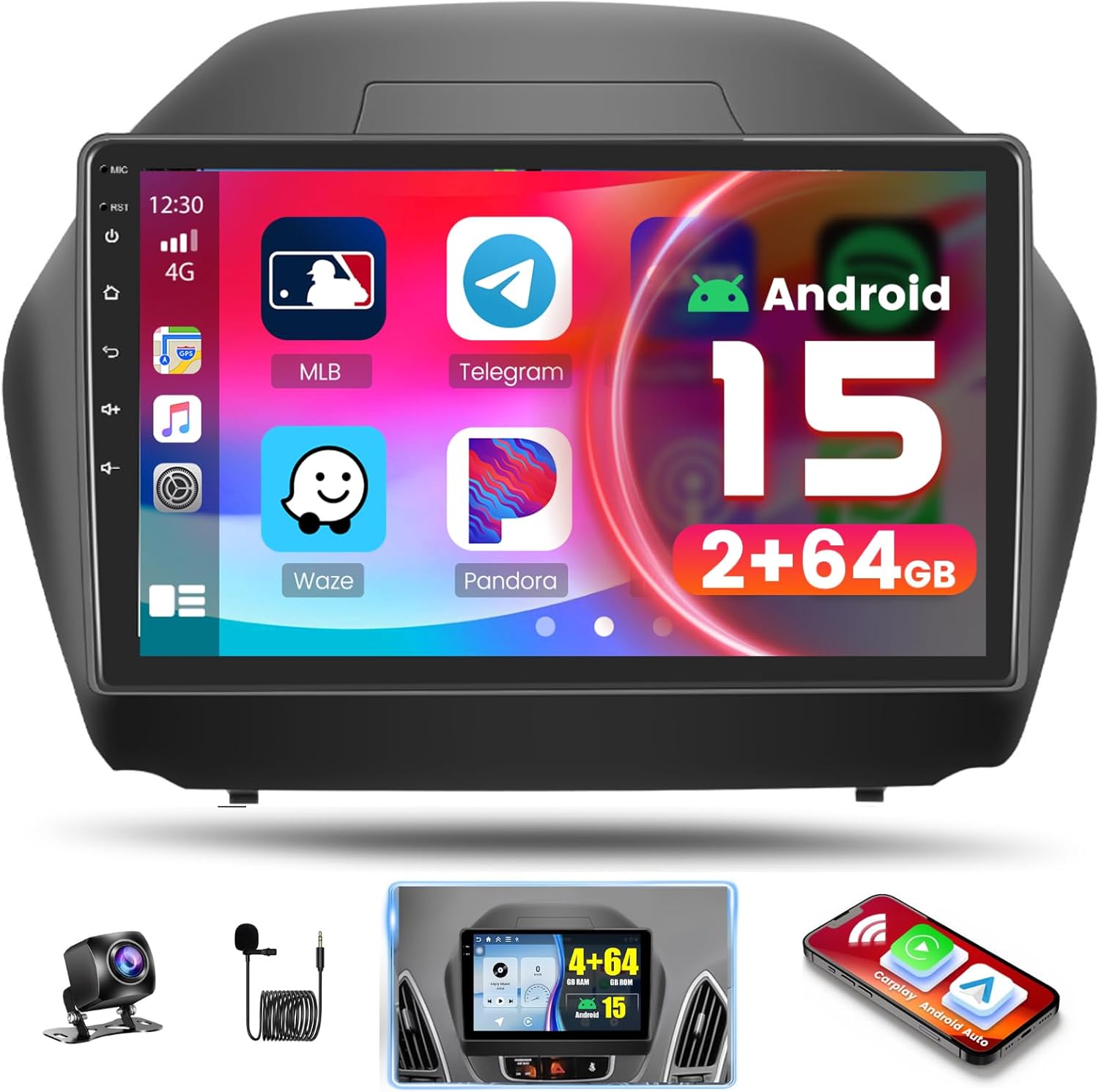 [2+64G] Hikity Android Car Stereo for Hyundai Tucson IX35 2010-2015 with Wireless Carplay Android Auto, 10.1