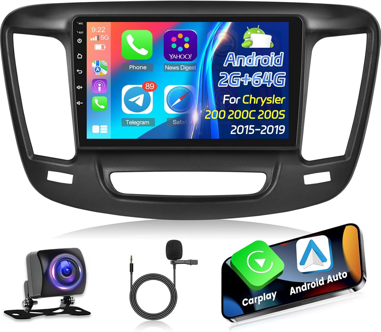 [2+64G] NHOPEEW for 2015-2019 Chrysler 200 200C 200S Car Radio with Wireless Carplay and Android Auto - 9 Inch Touchscreen Android Car Stereo - Hi-Fi/GPS/WiFi/SWC/Bluetooth + AHD Backup Camera