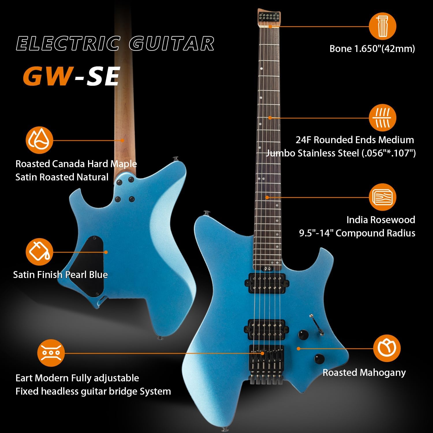 EART GW2-SE Headless Electric Guitar, Solid Electric Guitar Roasted Mahogany Body with Hard Maple Neck Standard Artones-H2SE Pickups,Satin Finish