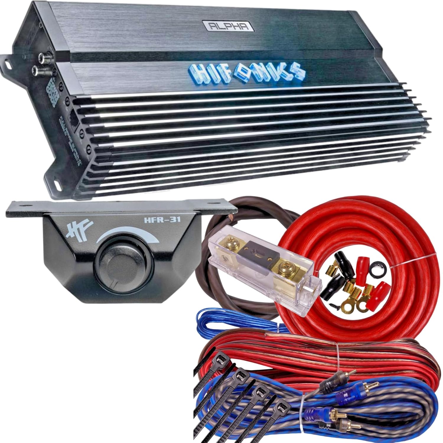 Hifonics A3000.1D Alpha 3000W Super D-Class Monoblock Car Audio Amplifier with BGCOR 0 Gauge Amp Kit, 1-Ohm Stable Compact Design