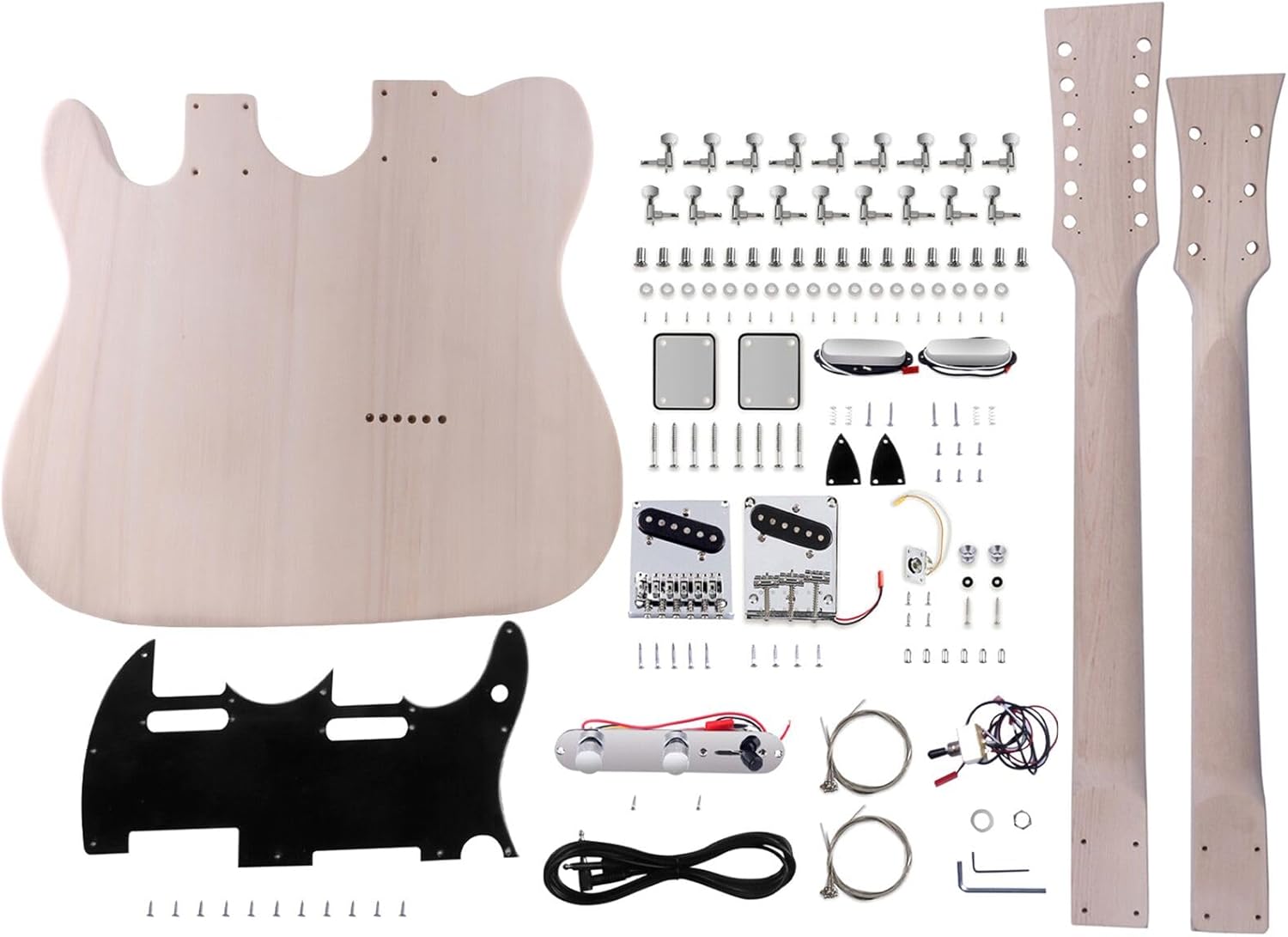 DIY Electric Guitar Kit Double Neck Guitar Kits Tele Style for Right Handed with Basswood Body Hard Maple Neck Maple Fretboard Chrome Hardware Build Your Own Guitar.