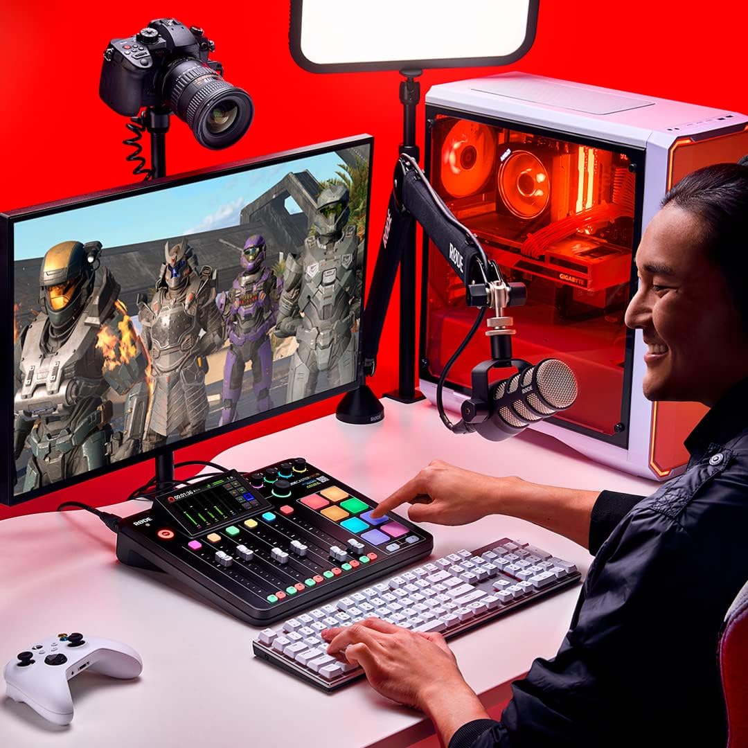 Rode RODECaster Pro II Integrated Audio Production Console with Rode PodMic Dynamic Podcasting Microphone, DS1 Desktop Mic Stand, 32GB microSD Card, XLR Cable and StreamEye Cloth