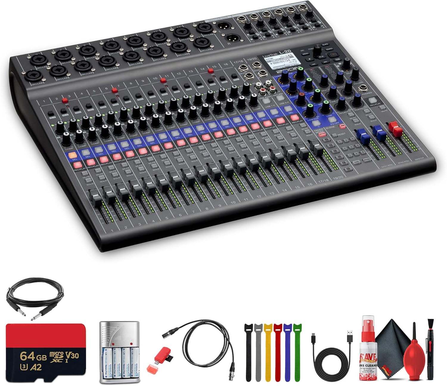 Zoom LiveTrak L-20-20-Input Digital Mixer & Multitrack Recorder Bundle With Balanced Interconnect 1/4 inch TRS to Same Cable + More