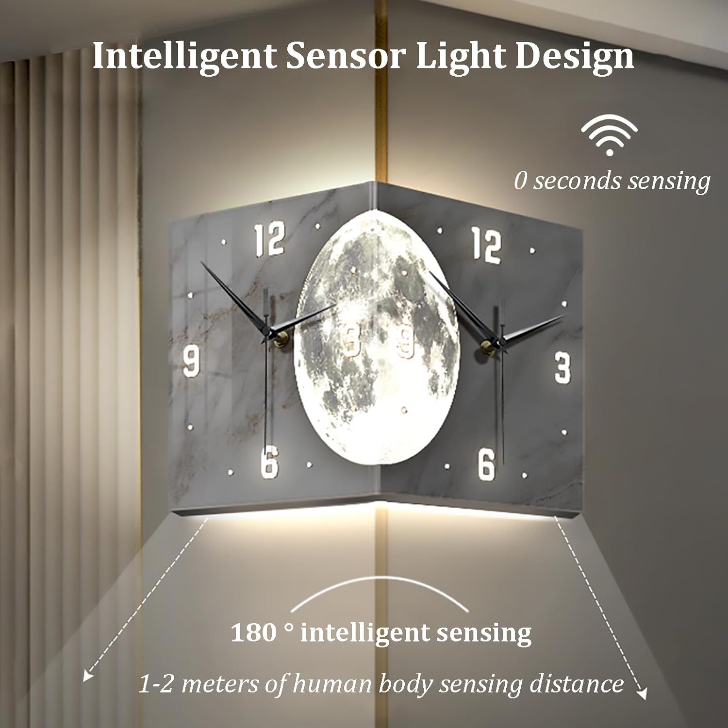 Double-Sided Corner Wall Clock with LED Light, Large Silent Digital Wall Mount Clock for Living Room, Bedroom, Home Decorative(16'', Sensor Luminous)