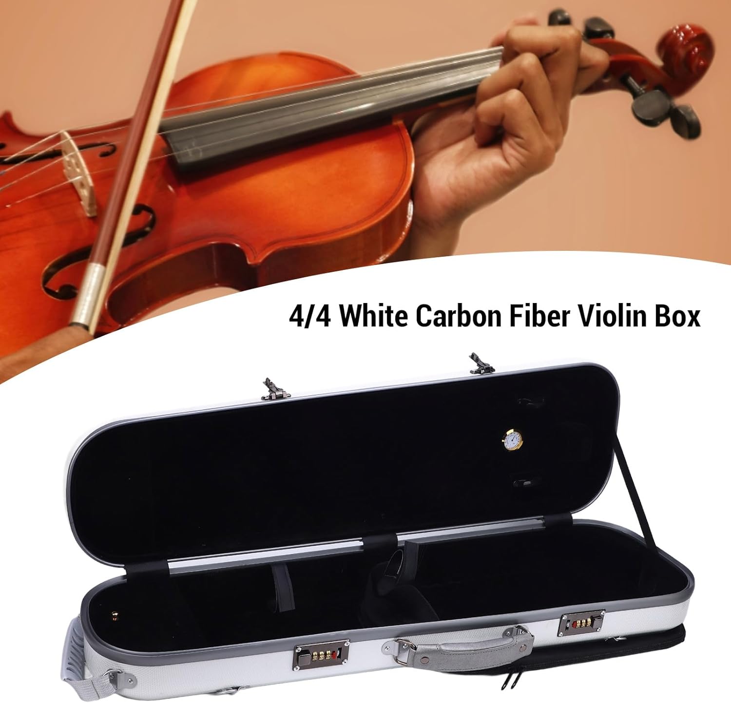 White 4/4 Carbon Fiber Violin Case Secure Locks Hygrometer 2 Shoulder Straps for 4/4, 3/4, 1/2, 1/8 Violins