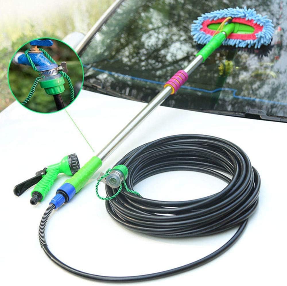 Car Wash Brush with Comfortable Grip, Water Fed Telescopic Pole, Garden Hose Attachment Soft Bristles, Home, Caravan, Trucks, Boats, Chenille Microfiber Car Wash Dust Brush Extension Pole