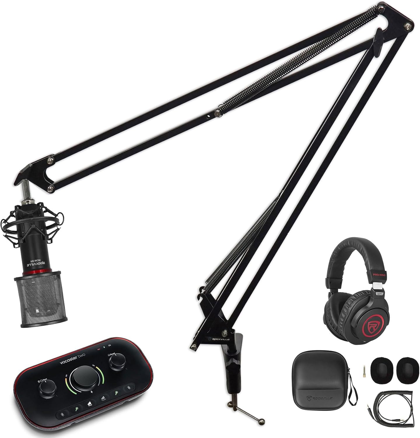 Audiosavings Bundle: (1) Focusrite Vocaster Two USB-C Interface Bundle with (2) Rockville Studio Headphone & (2) Rockville Recording Condenser Microphone & (2) Rockville Microphone Mic Stand (7 Items)