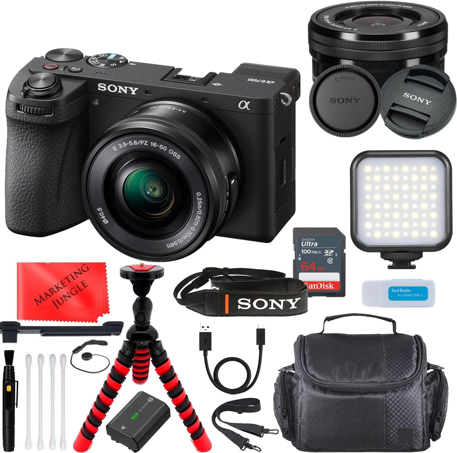Sony A6700 Mirrorless Camera with 16-50mm Lens (Black) Vlogging/Video Creator Bundle with Portable LED Light, 64Gb Memory Card, Cleaning Kit + Accessories (Renewed)