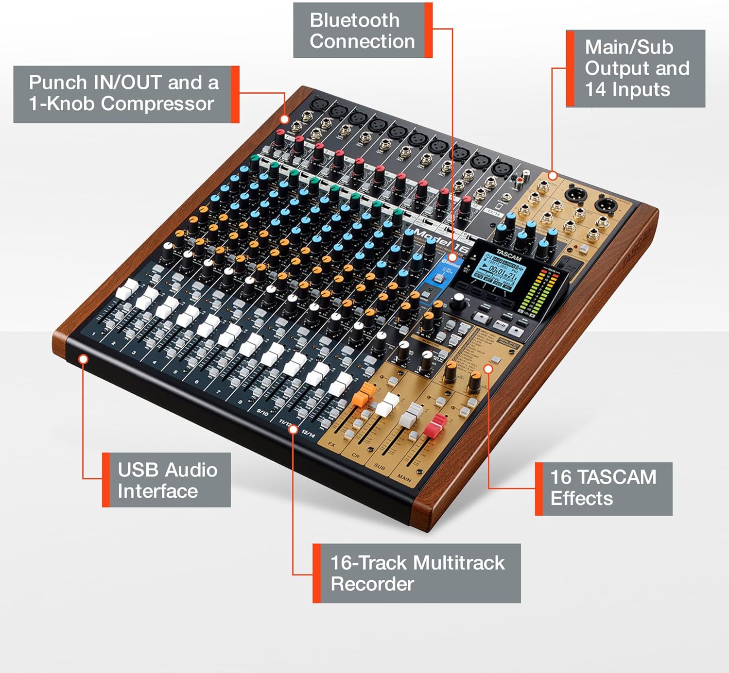 Tascam Model 16 All-In-One 16-track Mixing and Recording Studio, Analog Mixer, Digital Recorder, USB Audio Interface