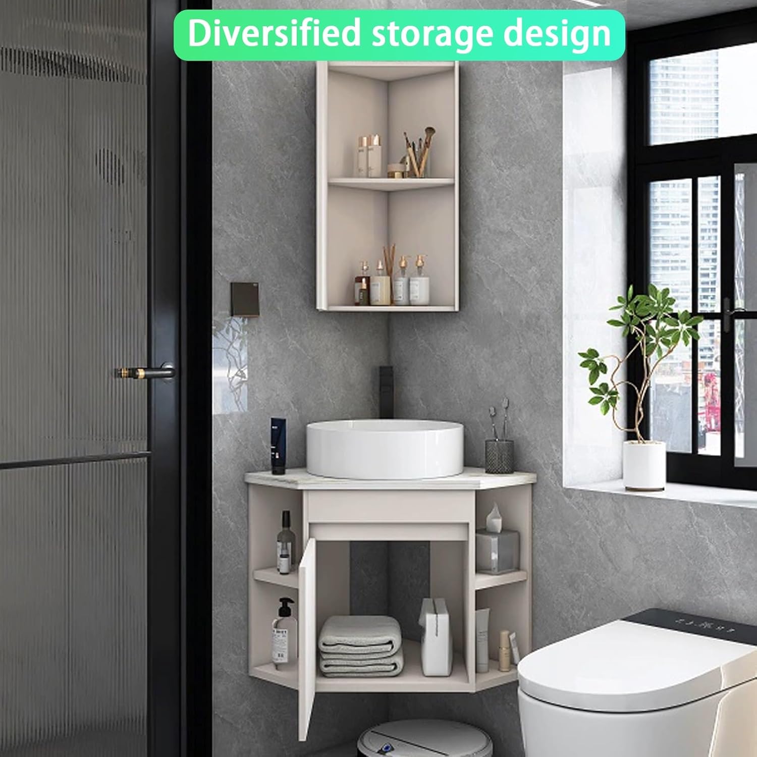 Corner Wall Mount Bathroom Sink, Corner Bathroom Vanity, Wall Hung Floating Porcelain Ceramic Wash Basin, Ceramic Corner Sink with Storage Container, for Small Space(38cm/14.9in)