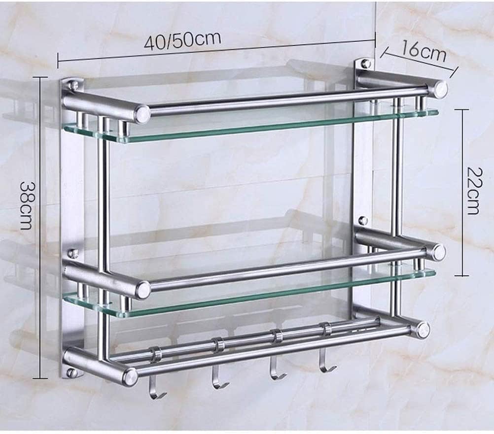WOLWES SUS304 Stainless Steel Bathroom Glass Shelf with Towel Bar and Movable Hook Rustproof Wall Mount 40-50cm Punch Installation (Color : 2 Tiers, Size : 40cm)