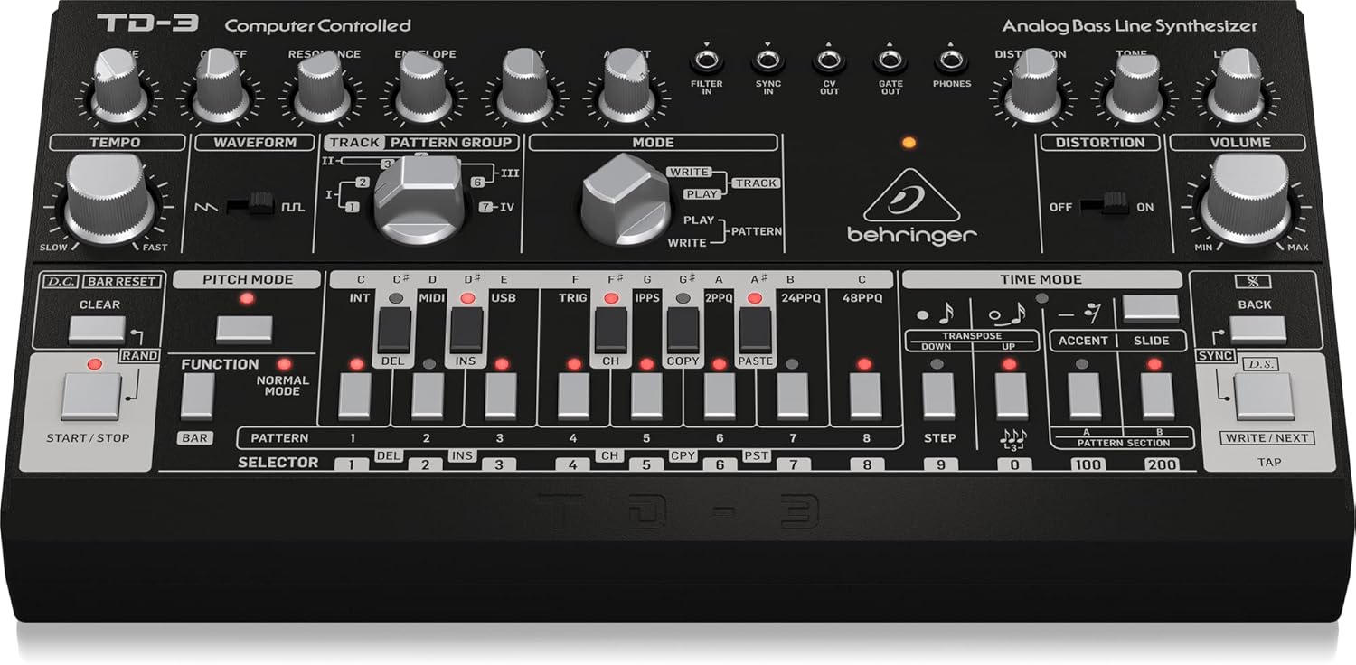 Behringer TD-3-BK Analog Bass Line Synthesizer with VCO, VCF, 16-Step Sequencer, Distortion Effects and 16-Voice Poly Chain