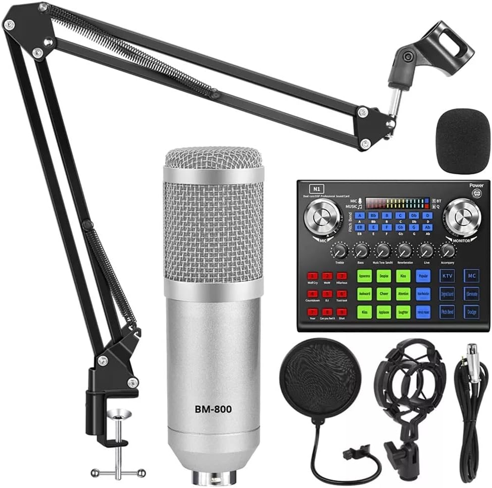 Microphone Sound Card Kit Condenser Microphone Phone Computer Singing Game Recording Studio Recording Microphone (Silver One Size)