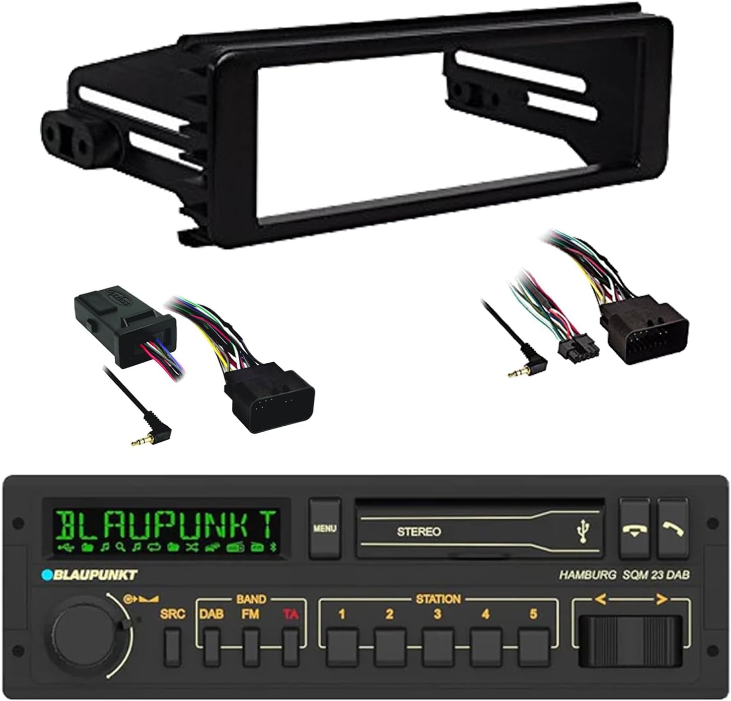 Blaupunkt Hamburg Single DIN Retro Classic USB Bluetooth AM/FM Stereo Receiver, Stereo Installation Kit, Handlebar Control Kit for Select 1998-2013 Harley Davidson Motorcycles
