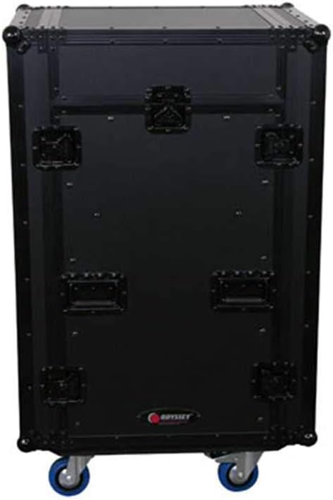 Deluxe Black 11U Top Slanted 16U Bottom Vertical Pro Combo Rack with Casters, Side Table, and Glide Platform