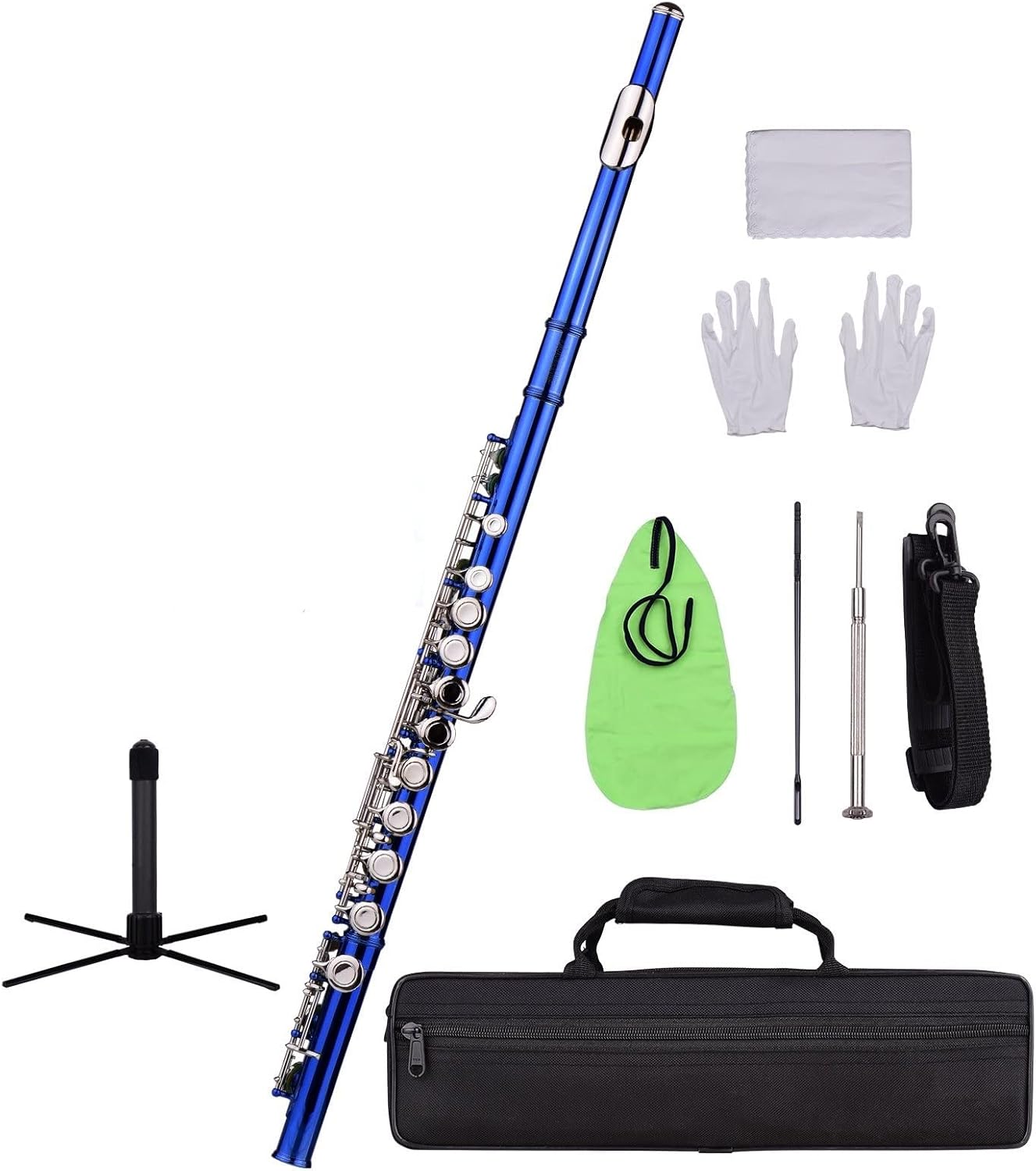 Flute Kit Closed Hole C Flute 16 Keys Cupronickel Nickel-Plated Wind Instrument with Carry Case Flute Stand Gloves Cleaning Cloth Intermediate Flute (Color : Dark Blue)