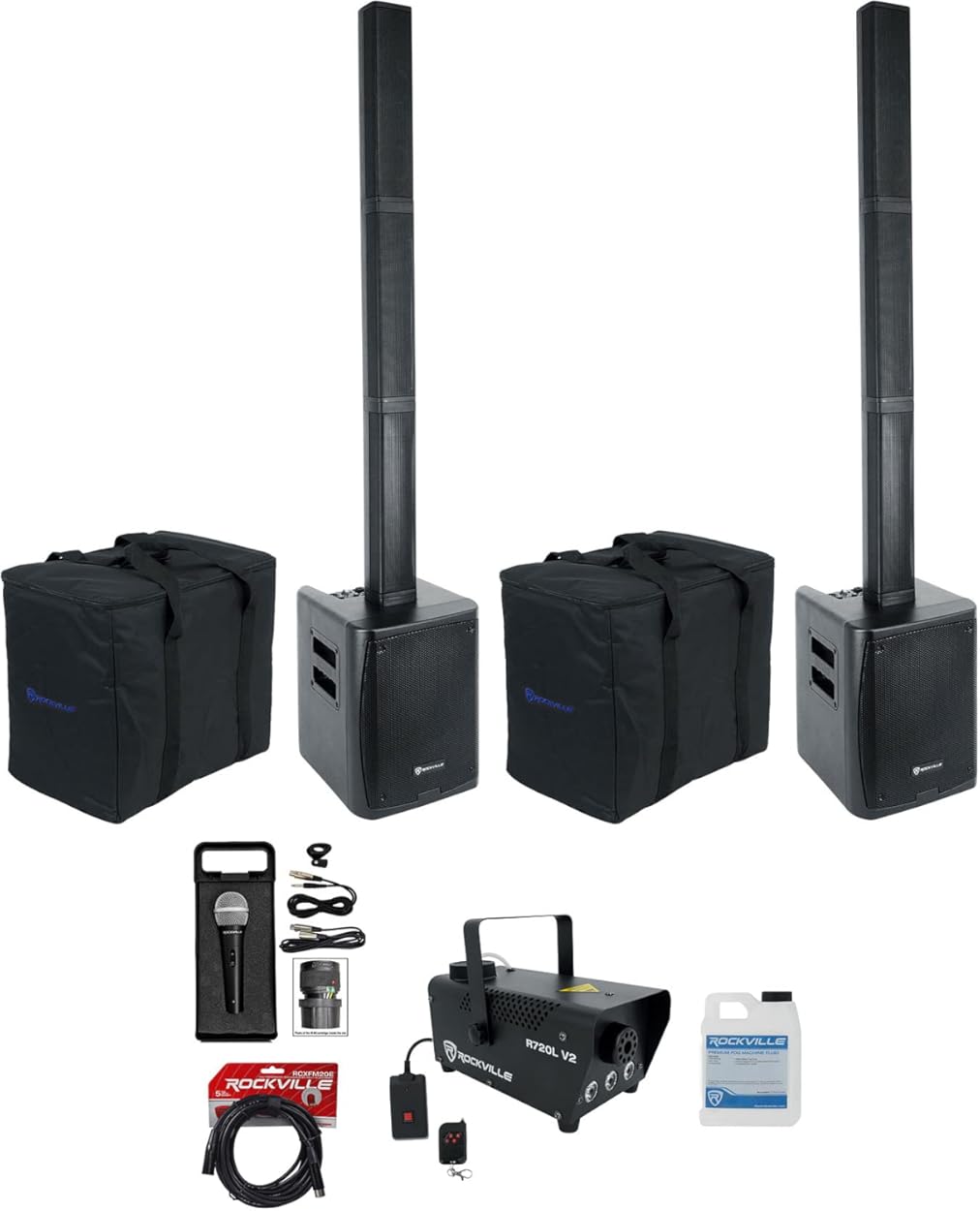 Rockville Titan Portable Array Bundle: (2) 1200W Peak / 300W RMS Battery Powered PA DJ Speakers, RMC-XLR Wired Microphone, R720L LED Fog/Smoke Machine with Remote, RCXFM20E-B 20 ft XLR Cable, 5-Items