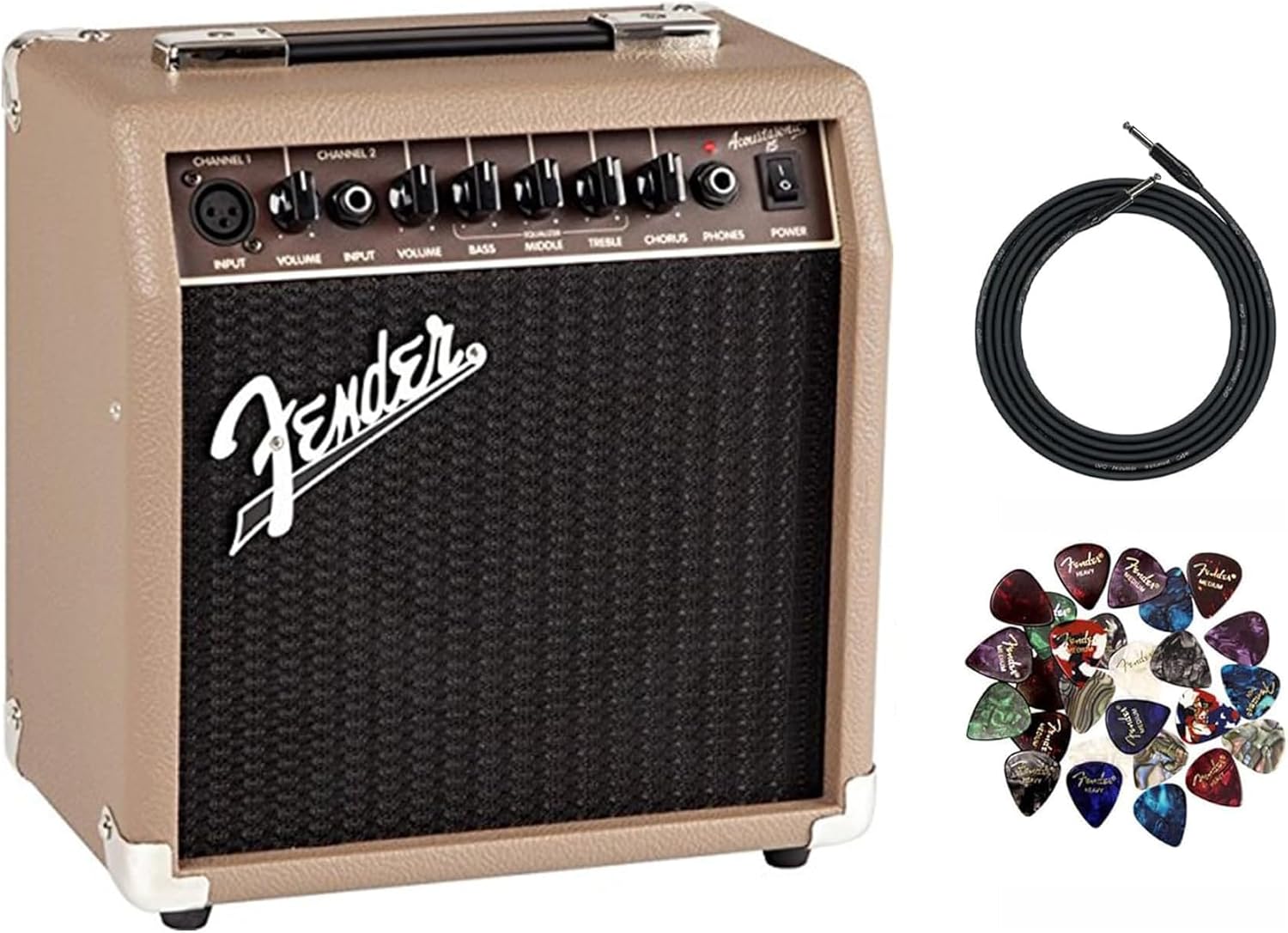Fender Acoustasonic 15 Acoustic Guitar Amplifier Bundle with Instrument Cable, Picks, and Austin Bazaar Polishing Cloth