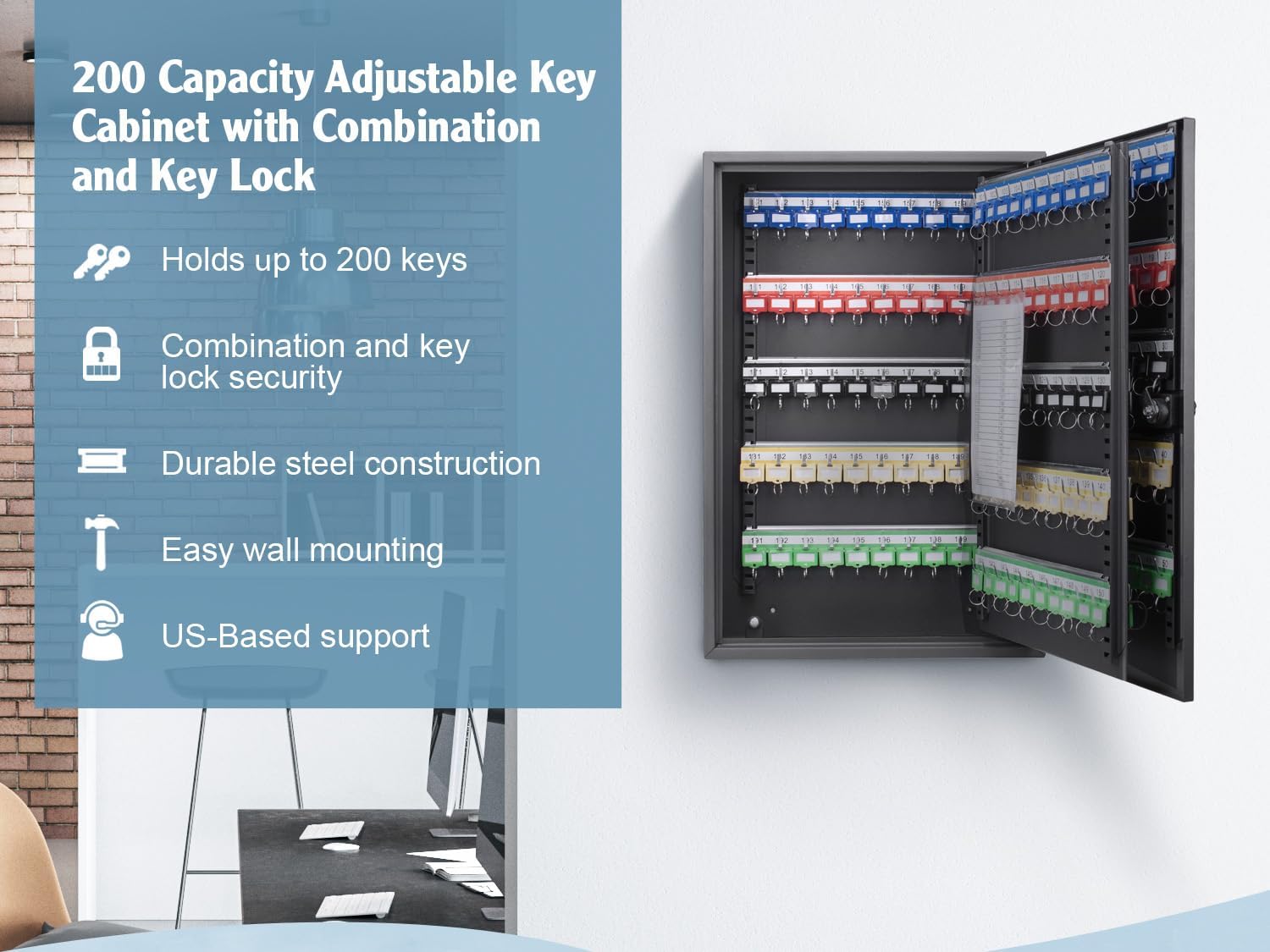 Barska 200 Position Combination Key Lock Box – Wall Mount Steel Key Cabinet with Adjustable Numbered Hooks, Index Log, Colored Tags for Office or Business