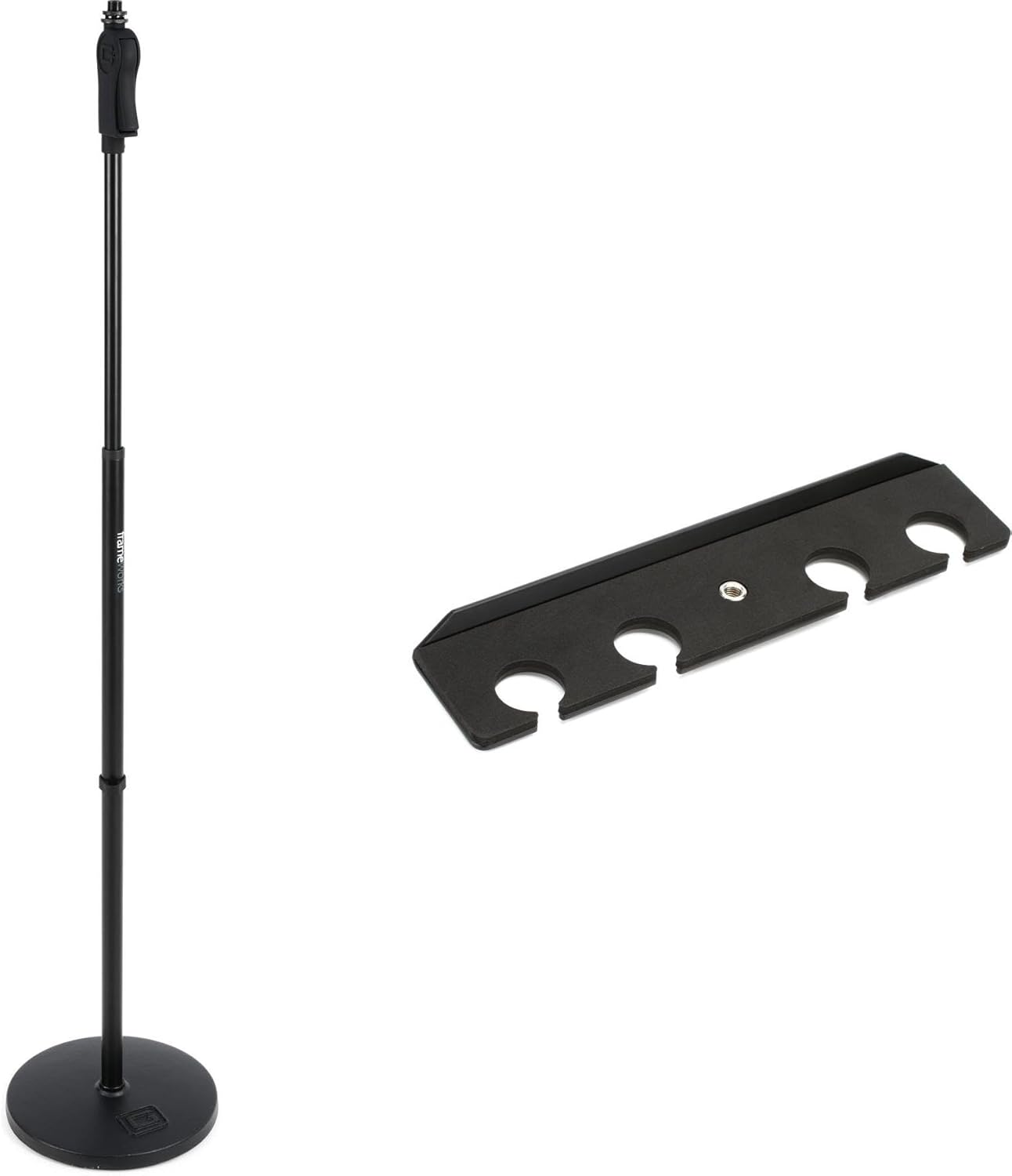 Gator Frameworks GFW-MIC-1001 Heavy-Duty Round Base Mic Stand with 4 Mic Tray – Perfect for Wired & Wireless Microphones – Durable & Reliable