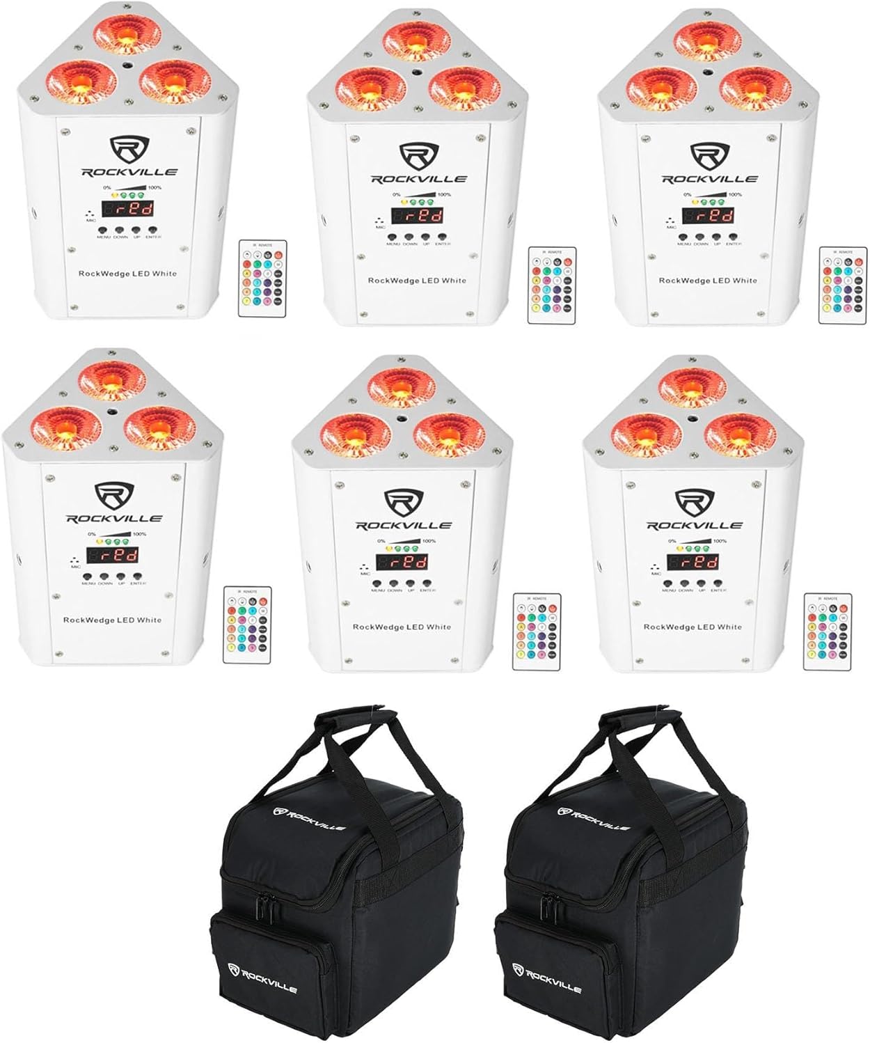 (6) Rockville RockWedge LED White RGBWA+UV Rechargeable Wireless DMX Lights+Bag