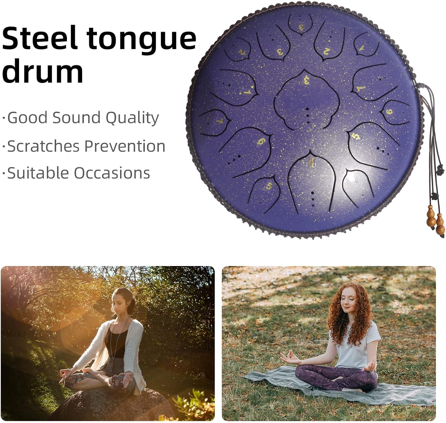 14 Inch 15 Notes D Major Steel Tongue Drum,Premium Adult's Music Hand Drum Instrument,Clean Clear Ethereal Sounds,Purple