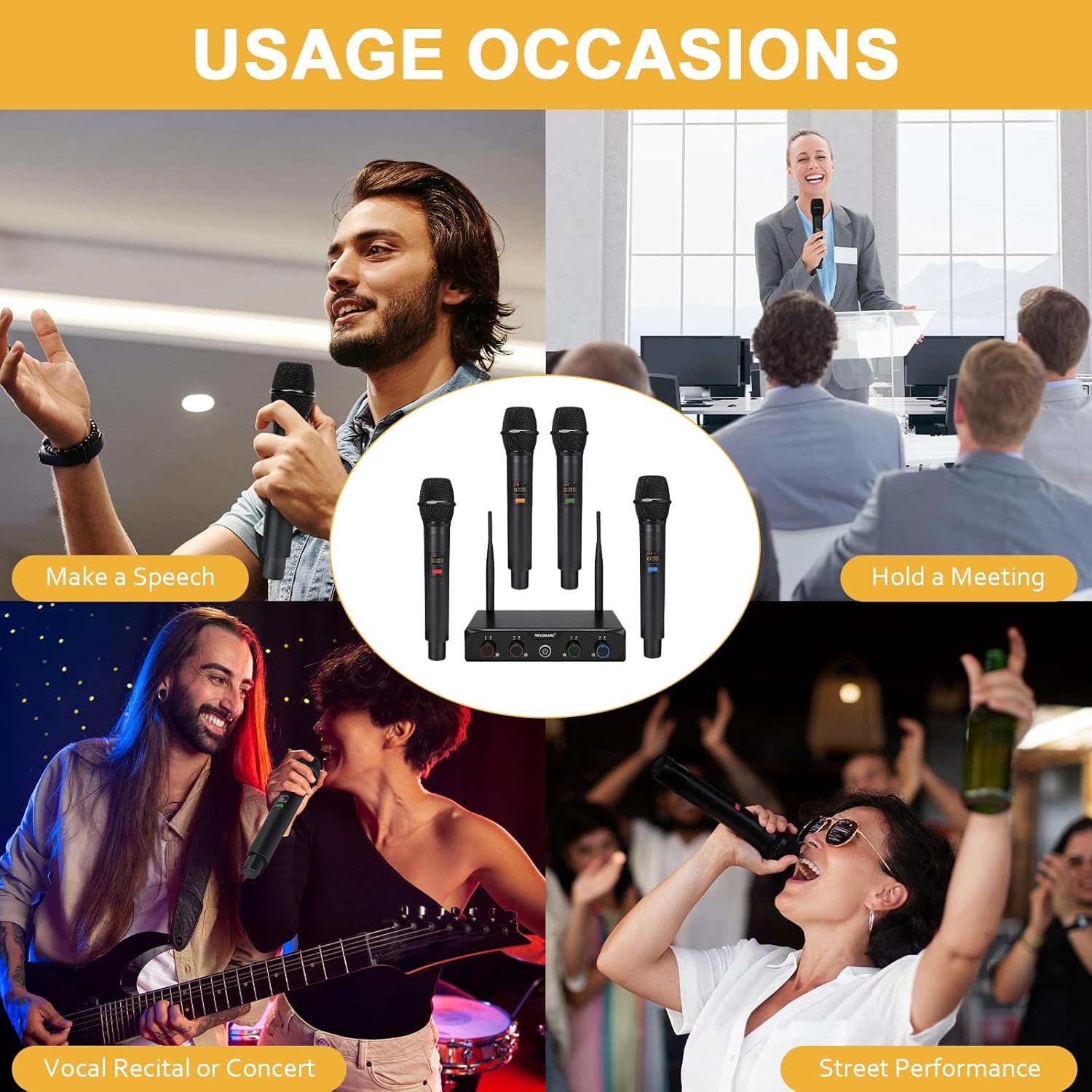 4-Channel Wireless Microphone System, UHF Compact Cordless Mic Set w/ 4x10 Frequencies, 200ft Range, Dynamic Handheld Microphone for Singing, Karaoke, Church, DJ, Wedding (MWM-41-4H)