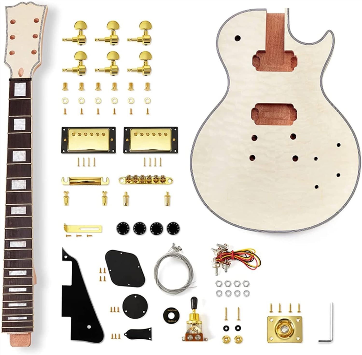 TSTS Instruments 6 Strings Solid Mahogany Quilted Maple for LP Style Electric Guitar Builder Kit Guitar DIY Accessory