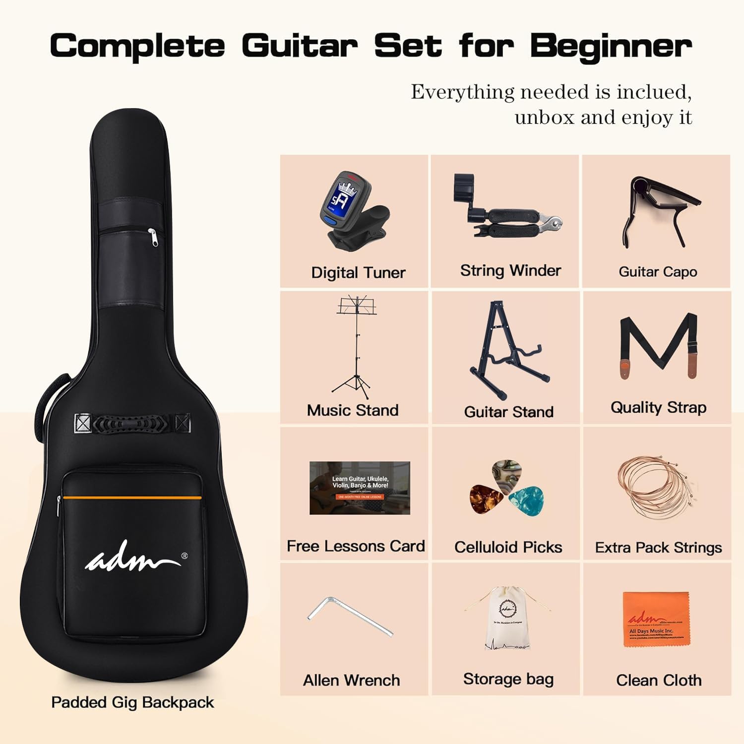 ADM Beginner Acoustic Guitar, Kids Students Cutaway Guitar Bundle Free Lessons with Gig Bag, Tuner, Strap, Picks, Extra Strings etc (Brown-Cutaway, 41 Inch)