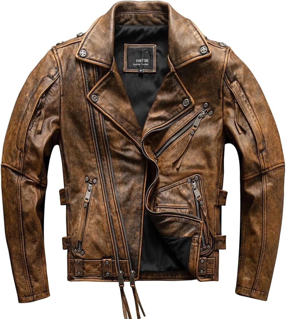 Men Vintage Genuine Natural Cowhide Turn-Down Collar Diagonal Zipper Coat Yellow Winter Leather Jacket