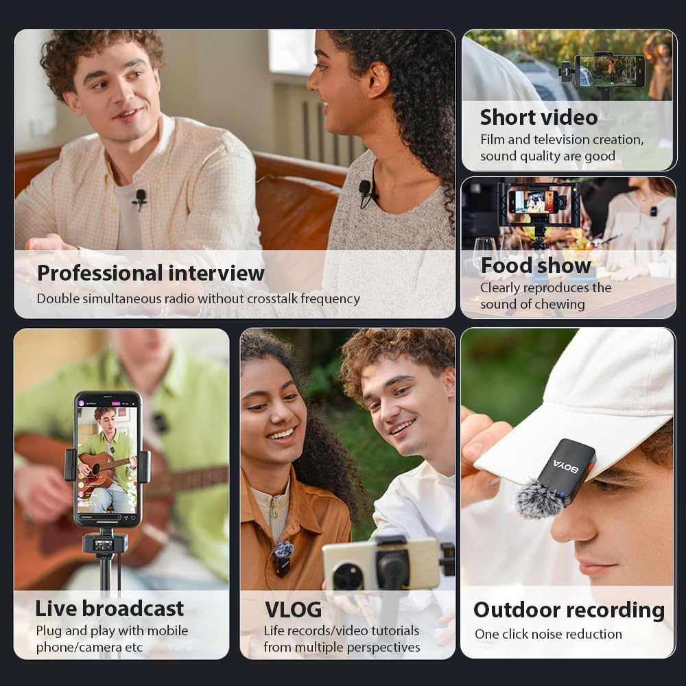 BOYA BOYAMIC All-in-One 2.4G Wireless Microphone System Clip-on Wireless Mic 300M Transmission 8G Memory Onboard Recording Replacement for iOS Android Smartphones Camera Computer for Vlogging