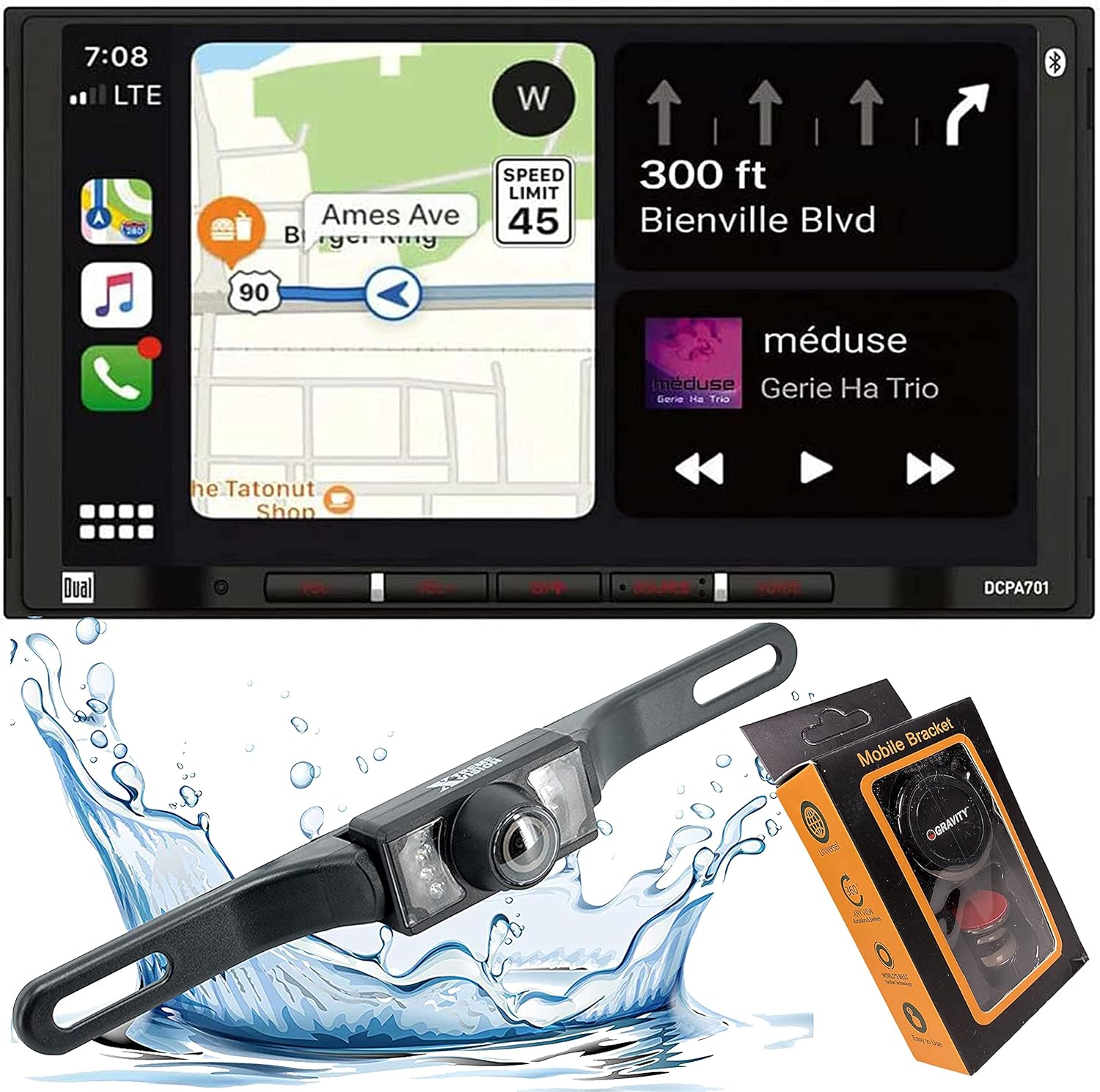 Dual Electronics DCPA701 7-Inch Single-DIN in-Dash Digital Media Receiver with Bluetooth, Android Auto and Wired Mirror Phone to The Unit with Gravity Magnet Phone Holder and Camera PK1 Bundle