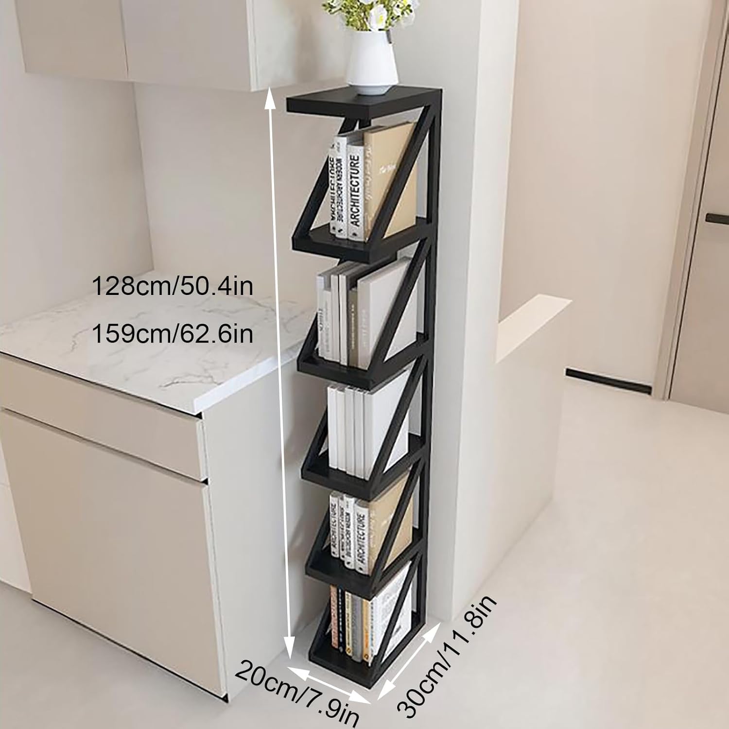 Vertical Bookshelf, 4/5-Tier Bookcase, Narrow Spine Book Shelf for Small Space, Corner Standing Shelf for Living Room, Office, Study, Entryway(Black,159cm/62.6in)