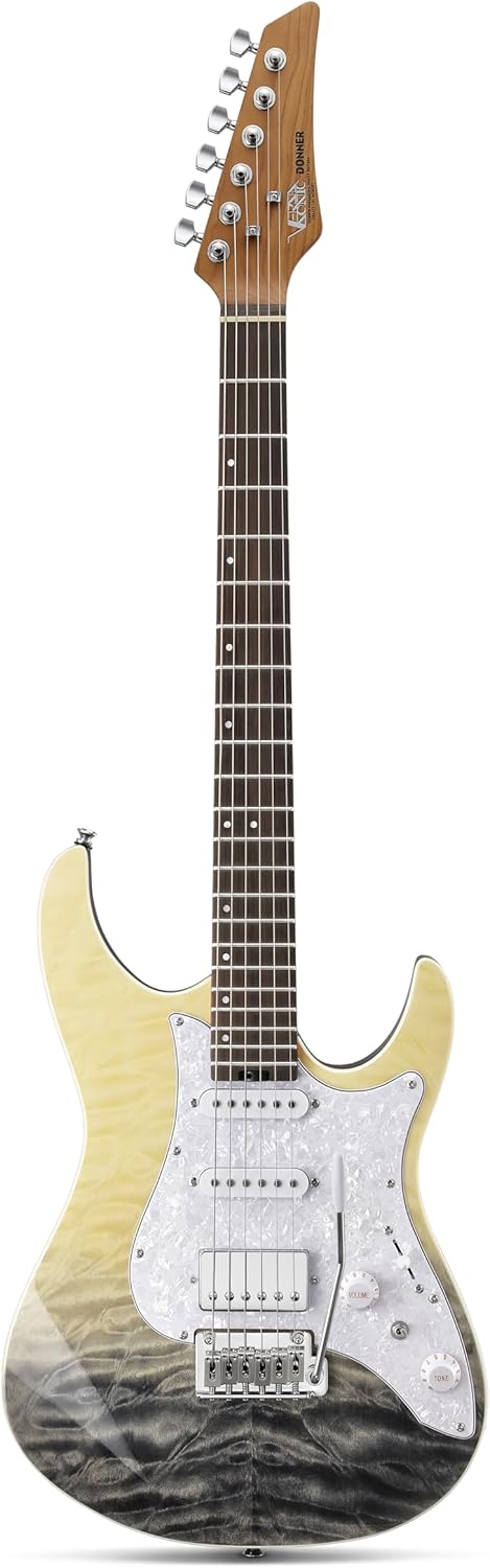Donner 39 Inch Electric Guitar, DST-550 Color Gradient Poplar Body, Laurel Fretboard & Maple Veneer, 7 Tone Options, Tremolo Bridge, for Intermediate & Pro Players, Bonus Bag – Black Mirage Gradation