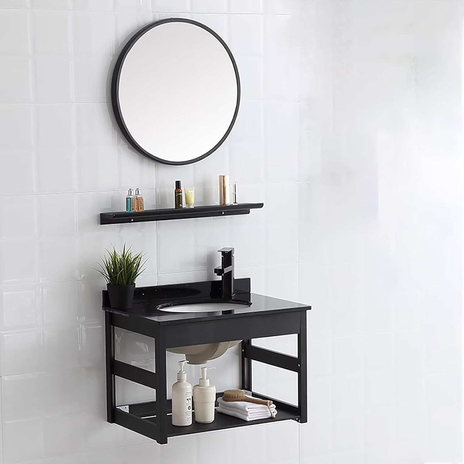DOSSAE with Corner Mirror Cabinet,Wall Mount Sink,Countertop Corner Vessel Sink,Wall Mount Vessel Sink,Ceramic Vessel Sink,Corner Wall Mount Vanity Sink,for Laundry WC. (Color : Black)
