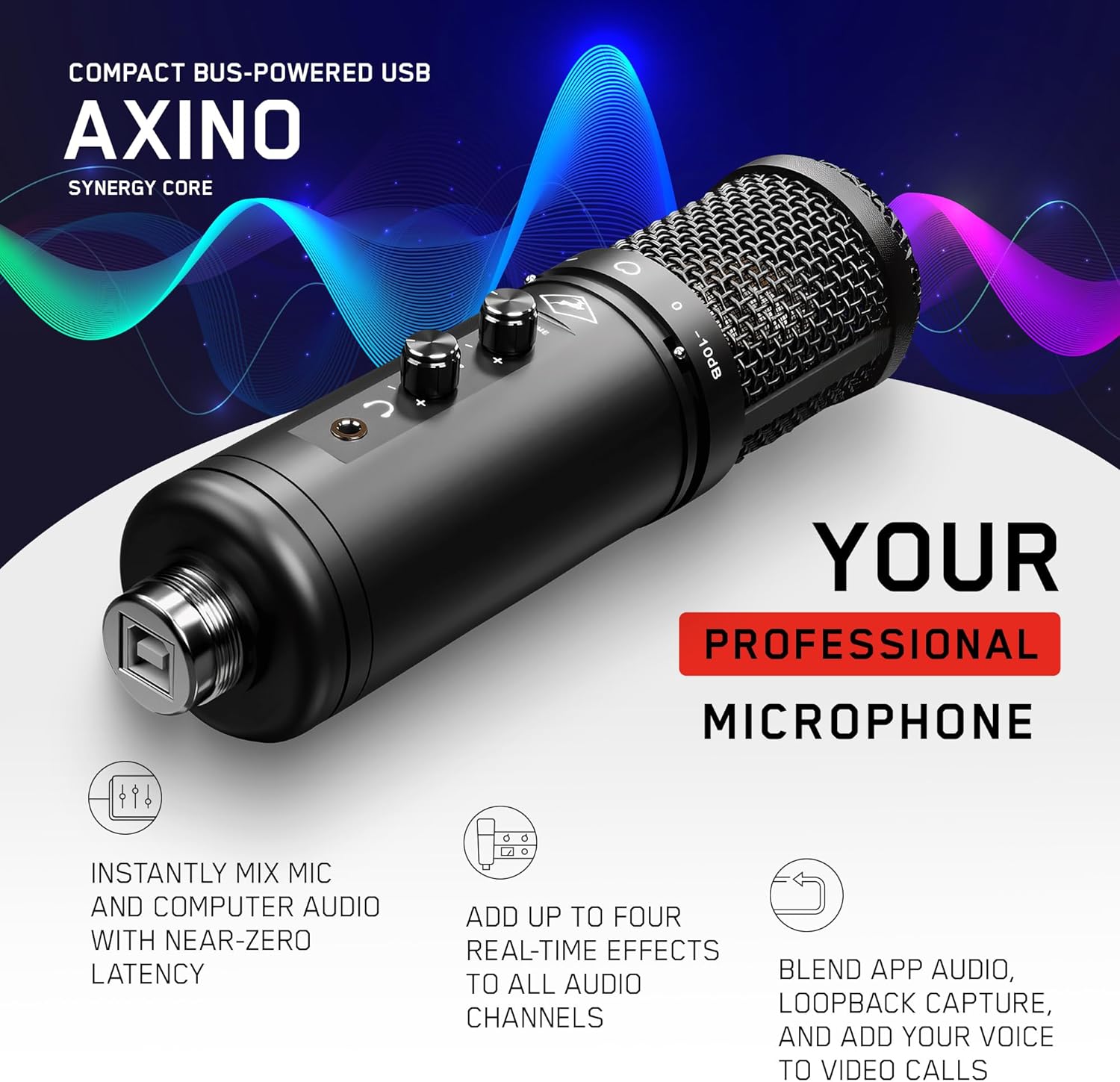Antelope Audio Axino Synergy Core USB Podcast Microphone for Laptop, PC — All-In-One Large Diaphragm Vocal Recording Microphone w/Onboard Emulations & Effects — Dynamic Condenser Mic + Audio Interface