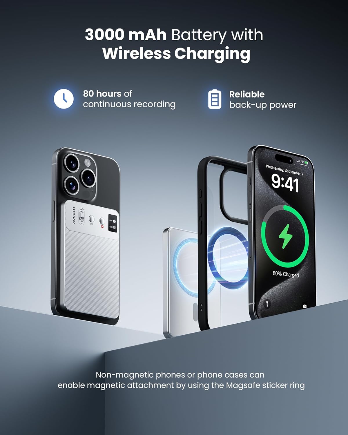 AI Voice Recorder, Transcribe & Summarize AI Audio Recorder, Support 121 Languages, 64GB Memory, Wireless Charging, App/Web Control, Digital Recording Device for Lectures, Meetings, Calls, Silver