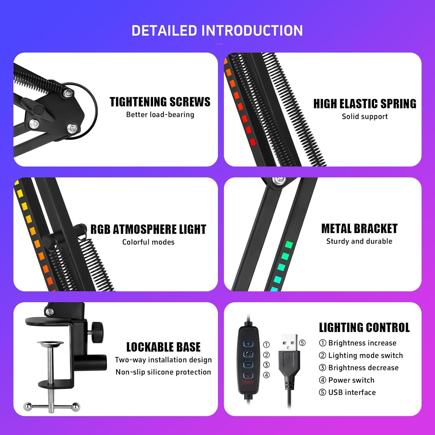 Micufuns Vocal Dynamic Microphone, XLR/USB Podcast Recording PC Microphone,Studio Metal Mic with Mute, Headphone Jack, Monitoring Volume Control,with RGB Microphone Boom arm (M338-A)