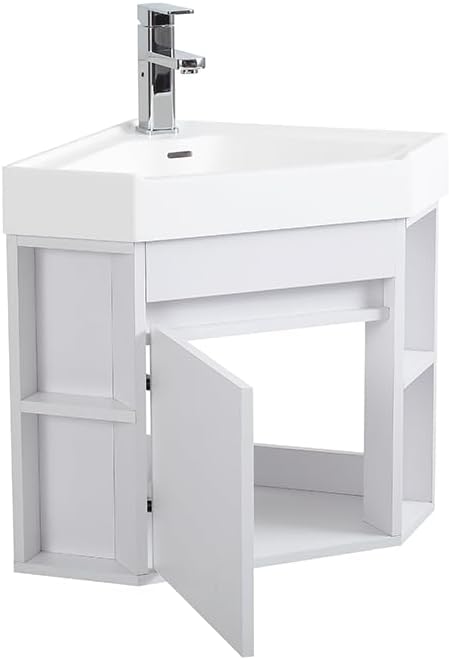 Tennant Brand 18 Inch Wall Mount Corner Bathroom Vanity with Matte Solid Surface (White)