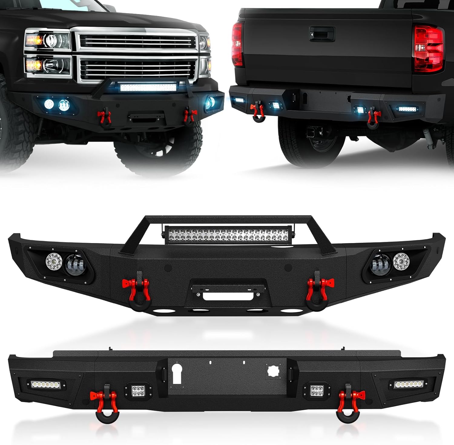 Pickup Truck Front & Rear Bumpers Compatible with 2014 2015 Chevy Silverado 1500 Equipped with Winch Plate, 9 x LED Lights, Sensor Holes, License Plate Bracket, Paintable Armor & D-rings, Black