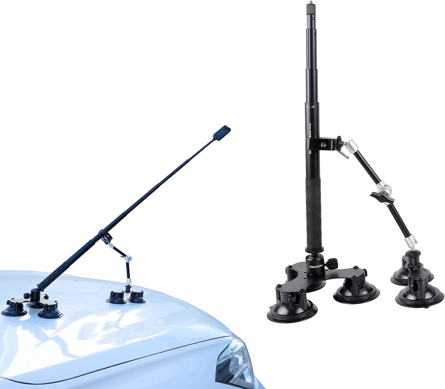 PellKing Suction Car Mount Kit for Insta360 X5/X4, X3,GO 3, 4 in1 Suction Cups with 114cm Selfie Stick Camera Triple Suction Mount Kit for Action Cameras,Compatible with GoPro 11,10,9,8,7(with Stick)