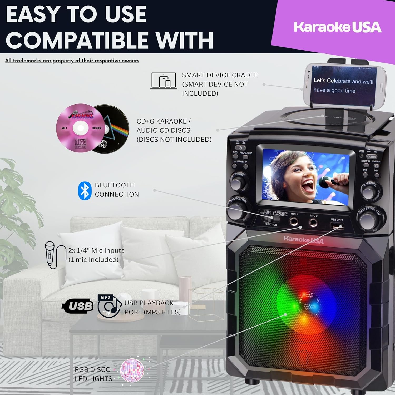 Karaoke USA Portable Karaoke Machine with 4.3” Color TFT Screen, Bluetooth, Recording Function, PA and Built-in Battery (GQ450)