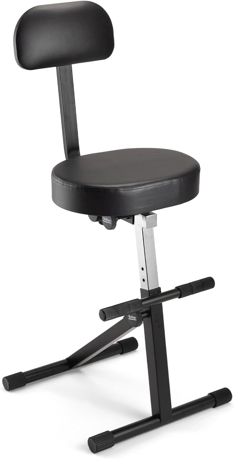 On-Stage DT8500 Guitar/Keyboard Throne (Seating for Keyboards, Pianos, Synths, Organs, and Guitars, Adjustable Height, Padded Backrest, Cushioned Seat, Built-in Footrest, Rubber Feet, Metal, Black)