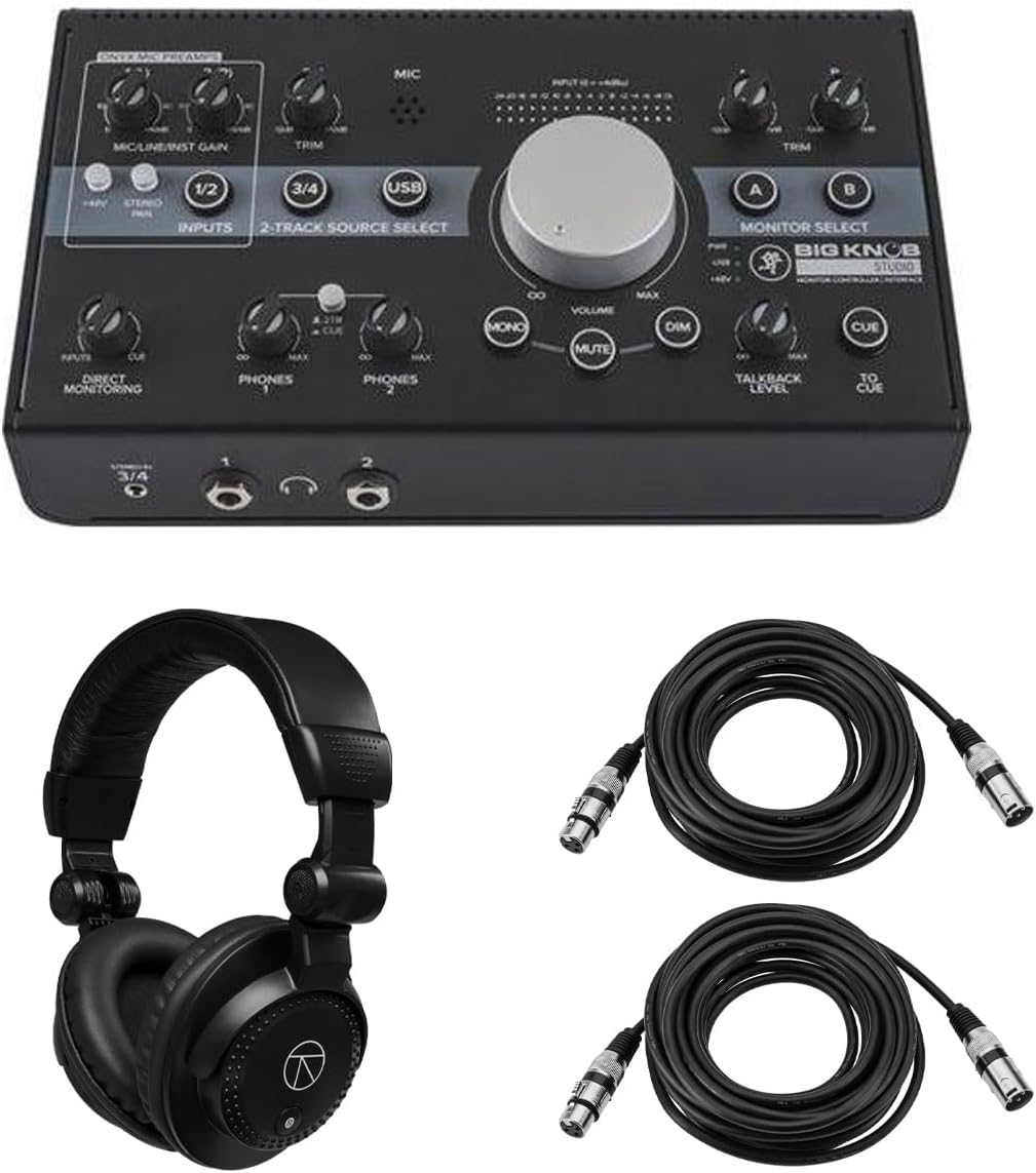 Mackie Big Knob Studio 3x2 Monitor Controller and Interface, Bundle with TAPH100 Headphones and 2x XLR Cable