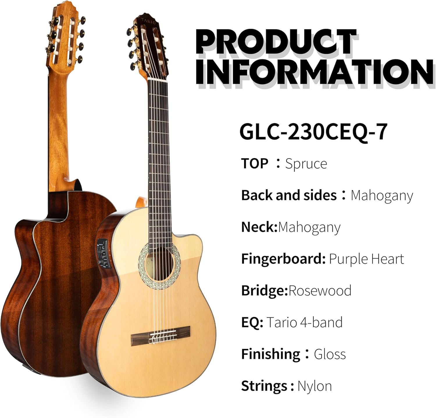TARIO 7-String Classical Acoustic Electric Guitar, Brazilian Style Cutaway Nylon Guitar with Spruce Top, Mahogany Body, Purpleheart Fingerboard, Built-in 4-Band EQ